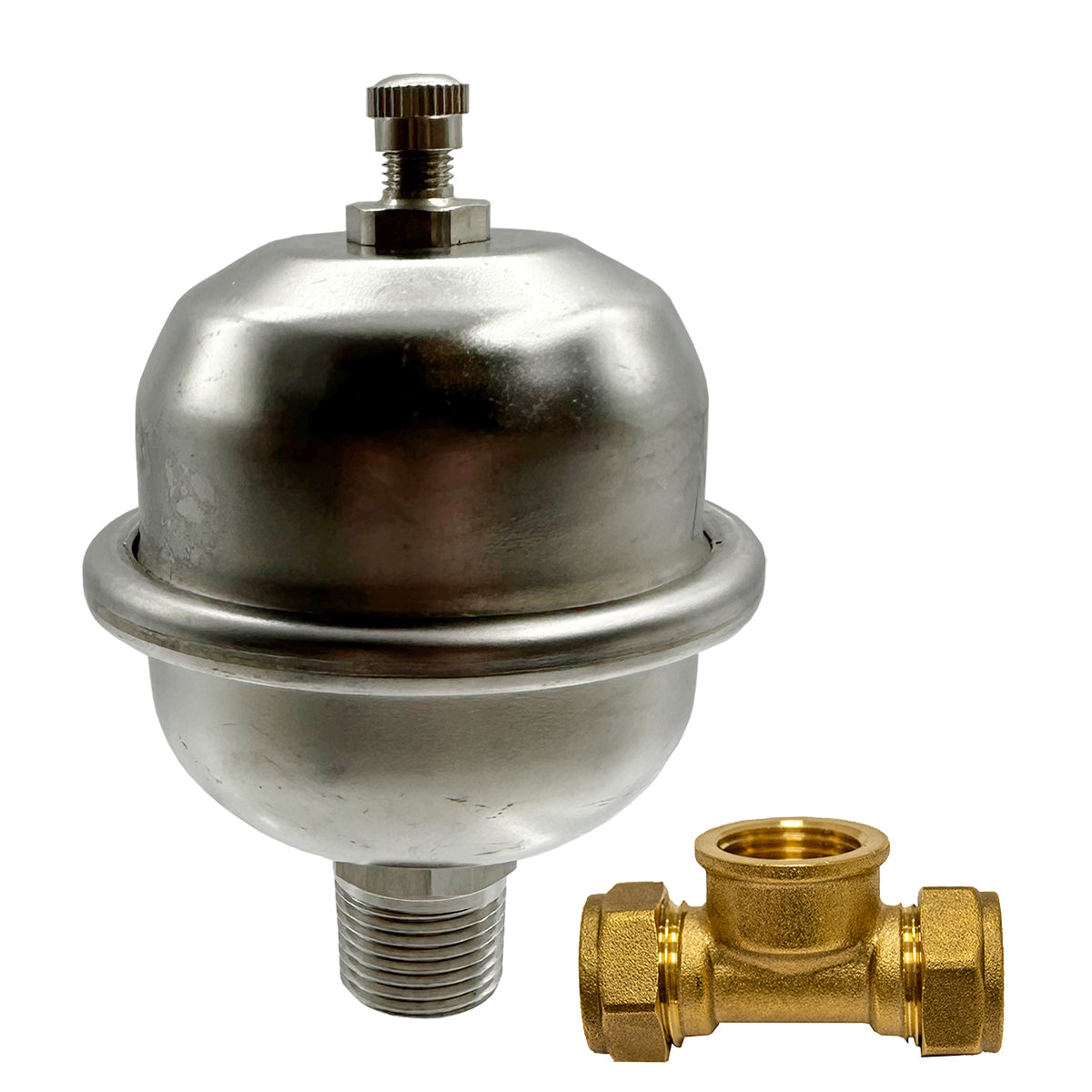 A silver-colored expansion vessel with a metal cap and a DZR brass 15mm tee connector.